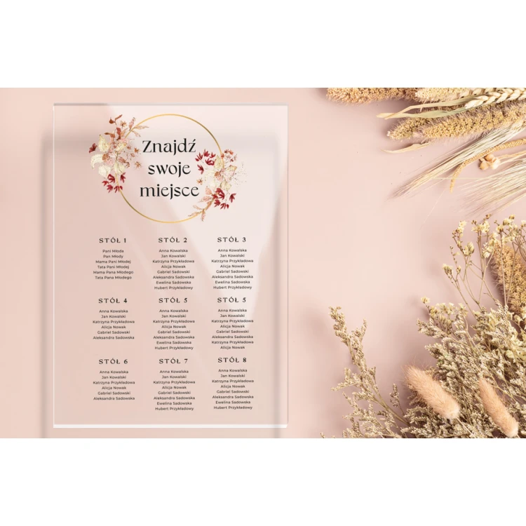 Wedding Seating Chart Board - 5mm Plexi with UV Print - Dimensions 500x700mm - TNS009