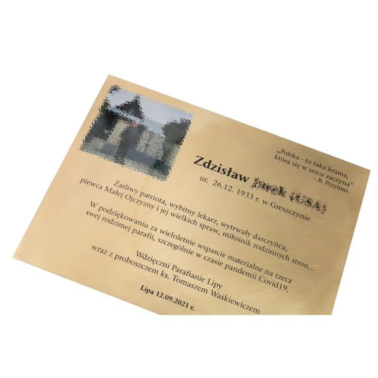 Memorial Plaque with Photo - Brushed and Lacquered Brass - Dimensions 400x300mm - TAB248