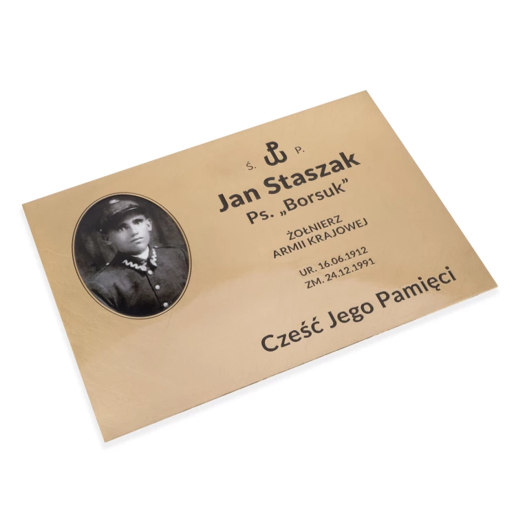 Memorial plaque with photo - brushed and lacquered brass - dimensions 300x210mm - TAB556 AWAITING APPROVAL Ask Dorota