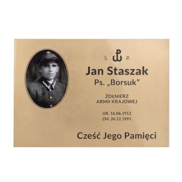 Memorial plaque with photo - brushed and lacquered brass - dimensions 300x210mm - TAB556 AWAITING APPROVAL Ask Dorota