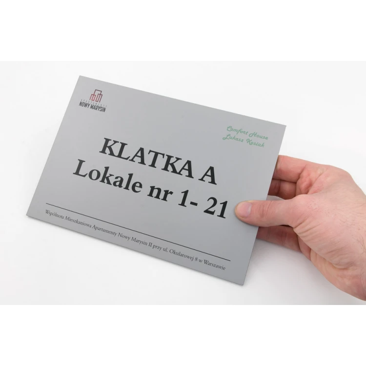 Information plaque for elevator or building - DIBOND MAT silver 3mm - UV print - size 210x148mm - SZUV017