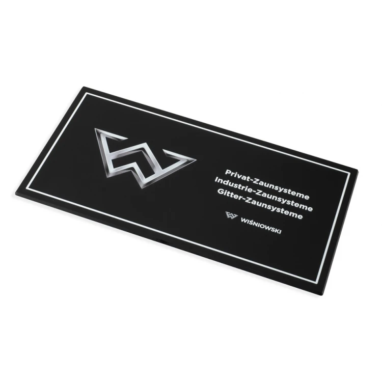 Information plaque with custom text and logo - size 297x158mm - matte acrylic - TAB457
