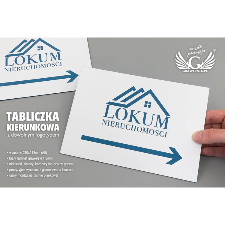 Directional sign with company logo - size 210x148mm (A5) - white laminate with colorful engraving - TAB090