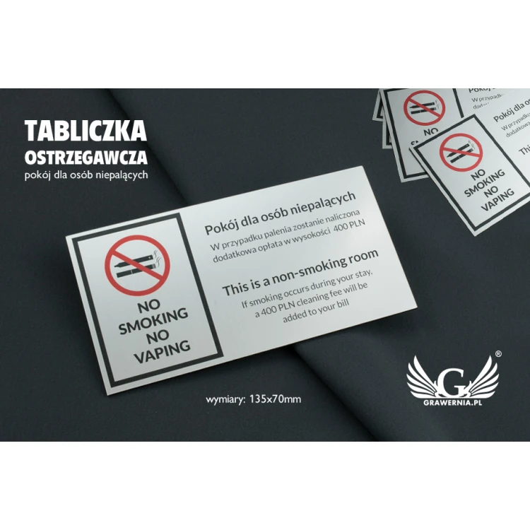 Warning sign - non-smoking room - size 135x70mm - UV color print