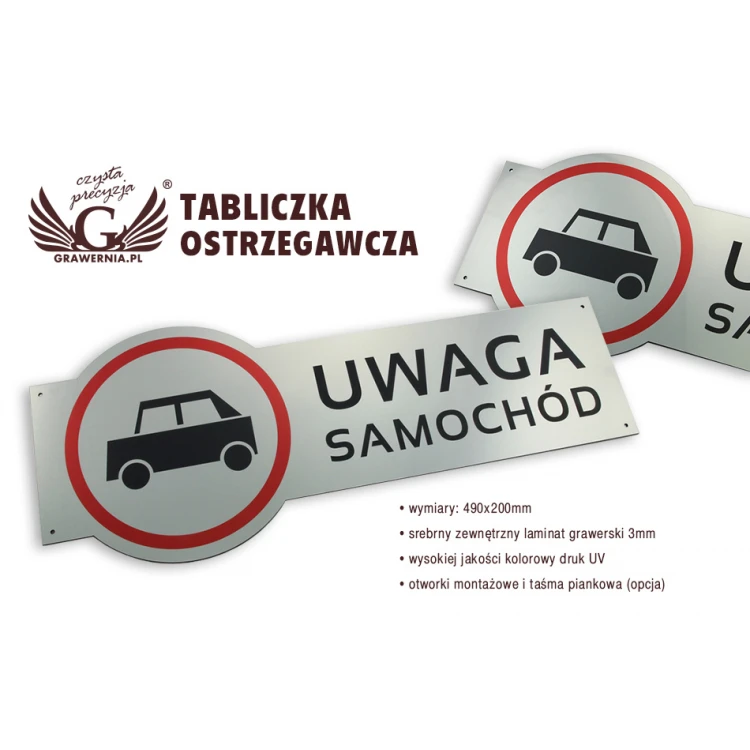 Warning sign - caution car - size 490x200mm - UV color print