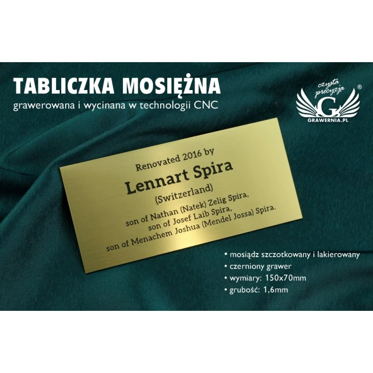 Memorial Plaque - Brushed and Lacquered Brass - Dimensions 150x70mm - TAB109