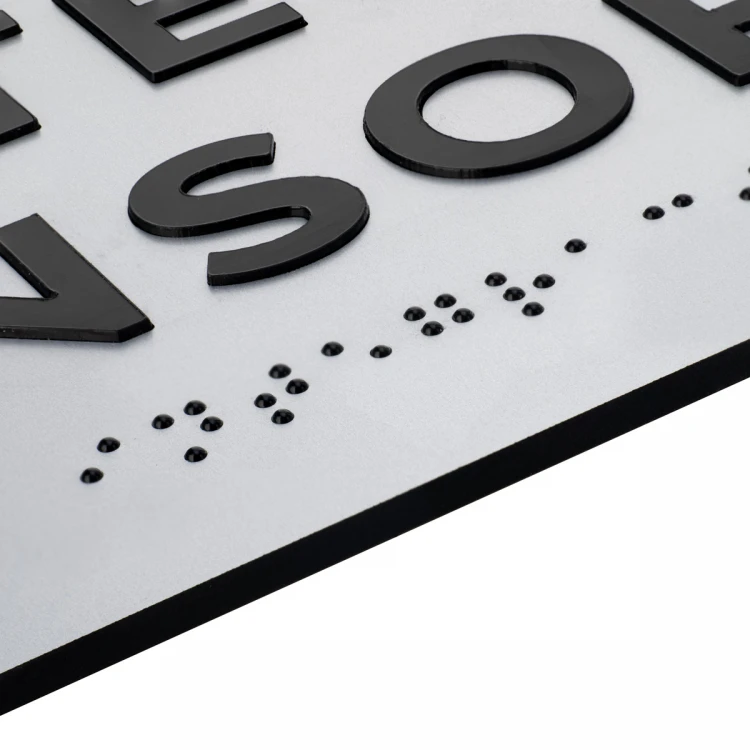 Plaque with raised letters and Braille script - silver laminate - size 295x100mm - TAB499