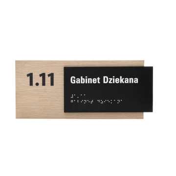 Plaque with any text and Braille script - veneered oak plate and matte black acrylic - dim. 262x118mm - TAB400