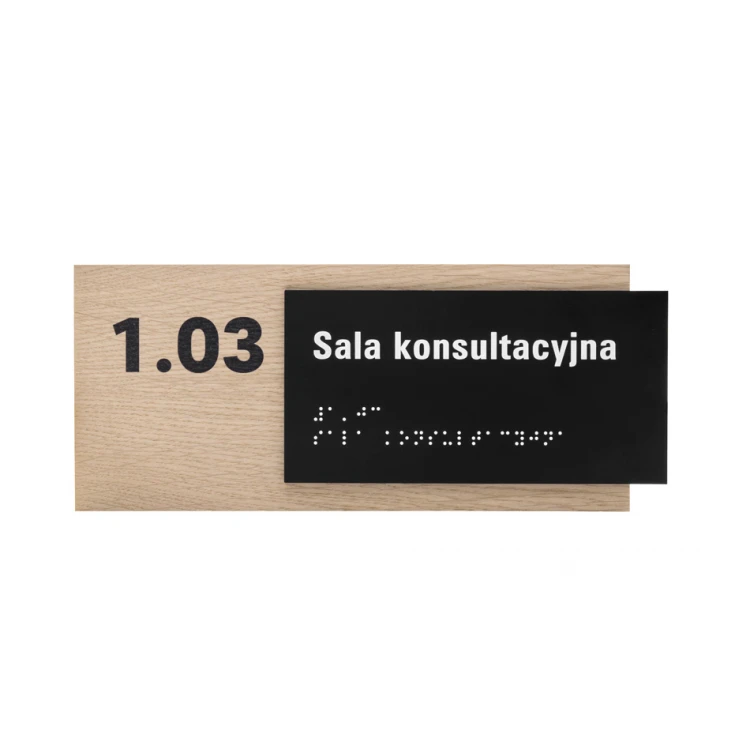 Plaque with any text and Braille script - veneered oak plate and matte black acrylic - dim. 262x118mm - TAB400