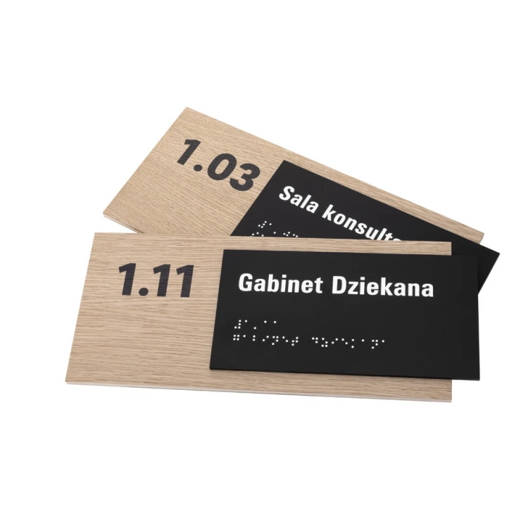 Plaque with any text and Braille script - veneered oak plate and matte black acrylic - dim. 262x118mm - TAB400
