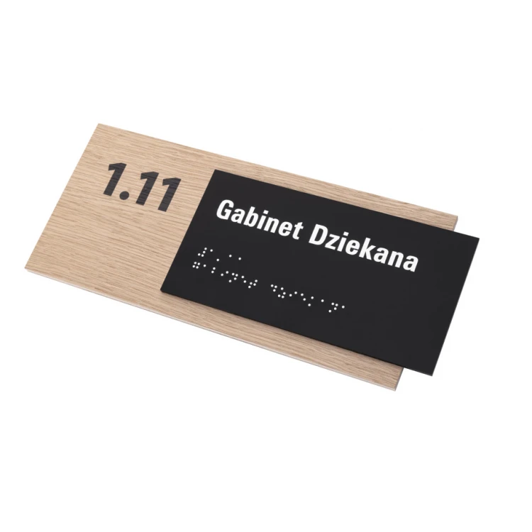 Plaque with any text and Braille script - veneered oak plate and matte black acrylic - dim. 262x118mm - TAB400