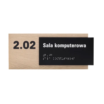Plaque with any text and Braille script - veneered oak plate and matte black acrylic - dim. 262x118mm - TAB401