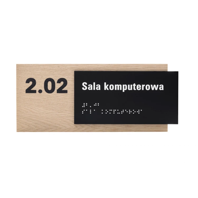 Plaque with any text and Braille script - veneered oak plate and matte black acrylic - dim. 262x118mm - TAB401