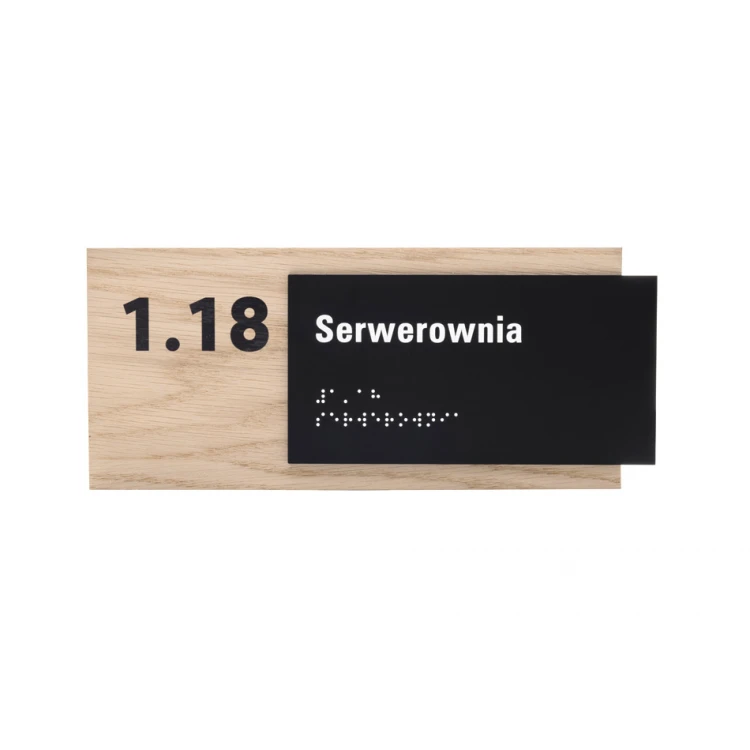 Plaque with any text and Braille script - veneered oak plate and matte black acrylic - dim. 262x118mm - TAB401