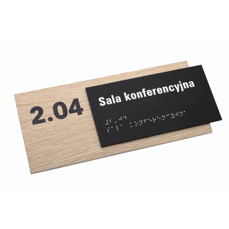 Plaque with any text and Braille script - veneered oak plate and matte black acrylic - dim. 262x118mm - TAB401