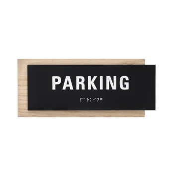 Plaque with any text and Braille script - veneered oak plate and matte black acrylic - dim. 262x118mm - TAB402