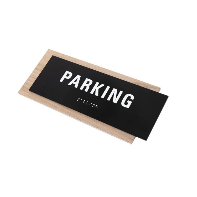 Plaque with any text and Braille script - veneered oak plate and matte black acrylic - dim. 262x118mm - TAB402
