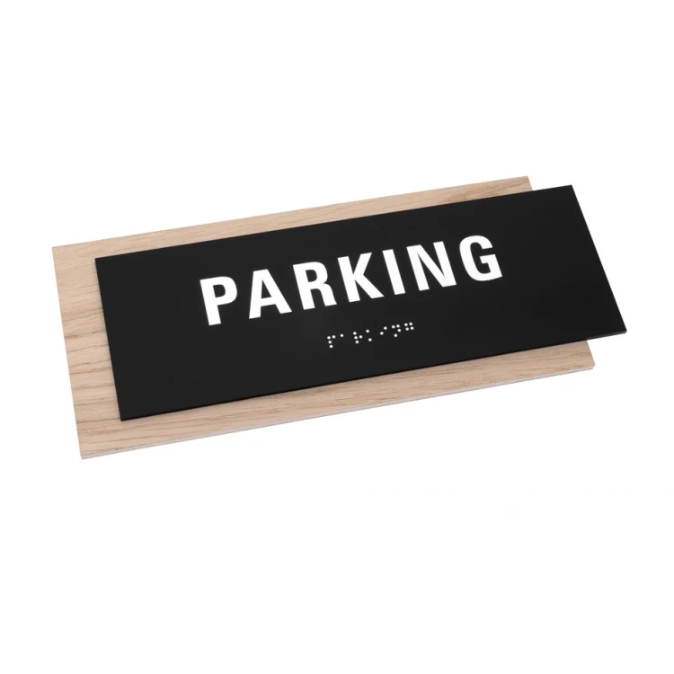 Plaque with any text and Braille script - veneered oak plate and matte black acrylic - dim. 262x118mm - TAB402