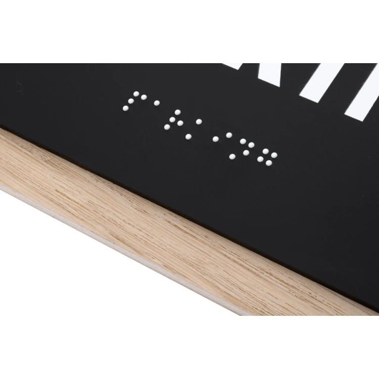 Plaque with any text and Braille script - veneered oak plate and matte black acrylic - dim. 262x118mm - TAB402