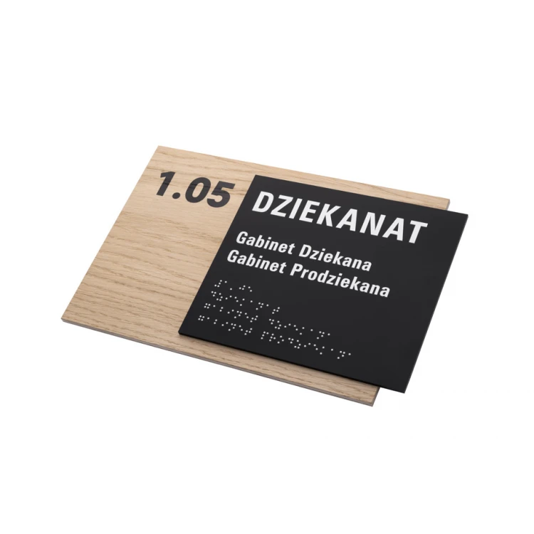 Plaque with any text and Braille script - veneered oak plate and matte black acrylic - dim. 262x182mm - TAB406