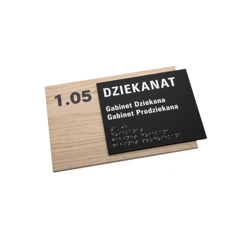 Plaque with any text and Braille script - veneered oak plate and matte black acrylic - dim. 262x182mm - TAB406