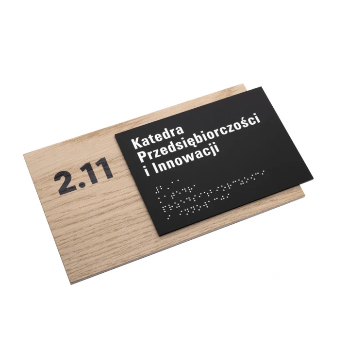 Plaque with any text and Braille script - veneered oak plate and matte black acrylic - dim. 262x182mm - TAB406