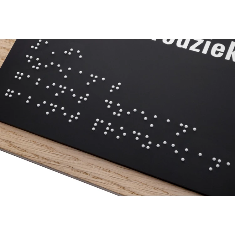 Plaque with any text and Braille script - veneered oak plate and matte black acrylic - dim. 262x182mm - TAB406