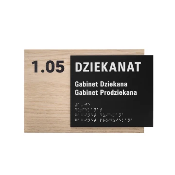 Plaque with any text and Braille script - veneered oak plate and matte black acrylic - dim. 262x182mm - TAB406