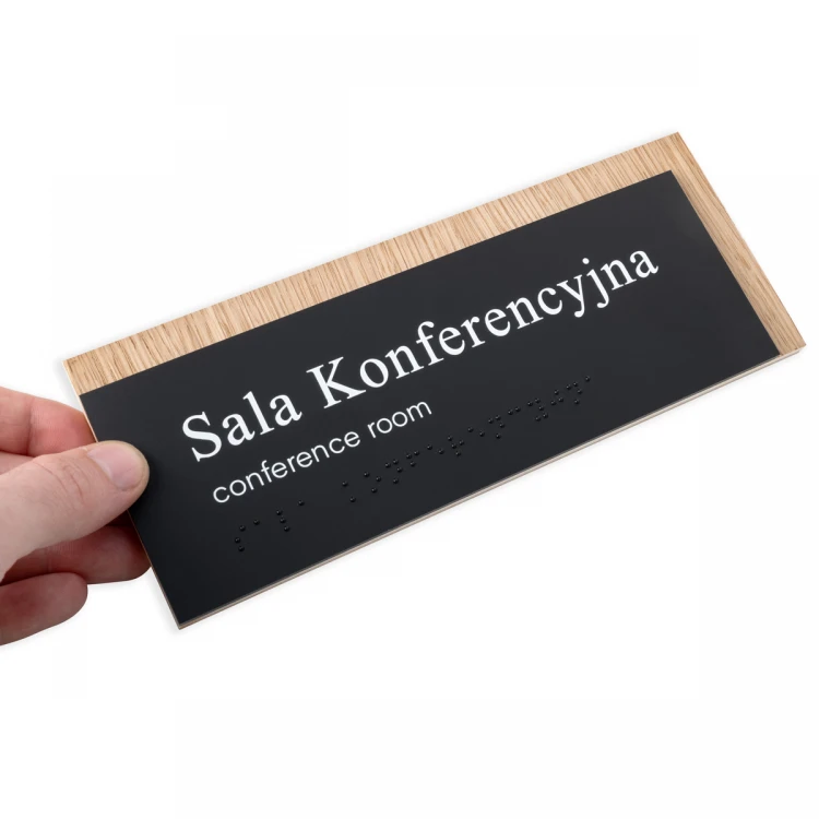 Plaque with any text and Braille script - veneered oak plate and matte black acrylic - dim. 200x80mm - TAB490