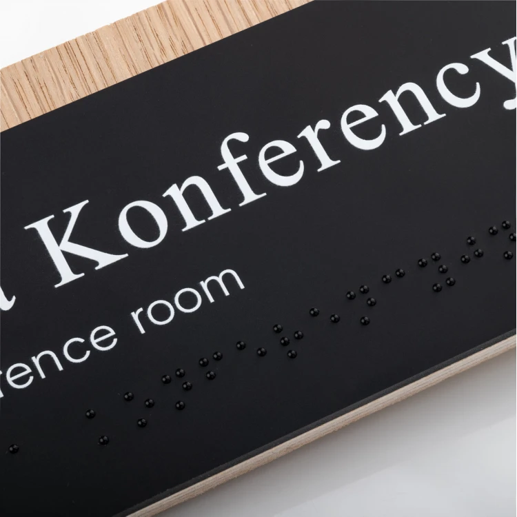 Plaque with any text and Braille script - veneered oak plate and matte black acrylic - dim. 200x80mm - TAB490