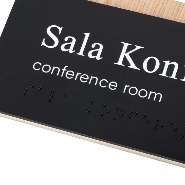 Plaque with any text and Braille script - veneered oak plate and matte black acrylic - dim. 200x80mm - TAB490