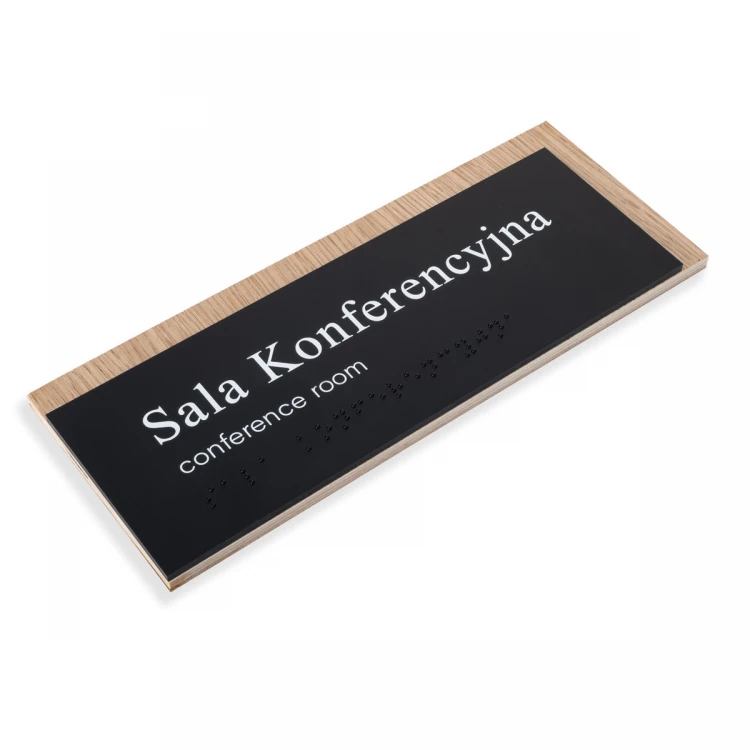 Plaque with any text and Braille script - veneered oak plate and matte black acrylic - dim. 200x80mm - TAB490