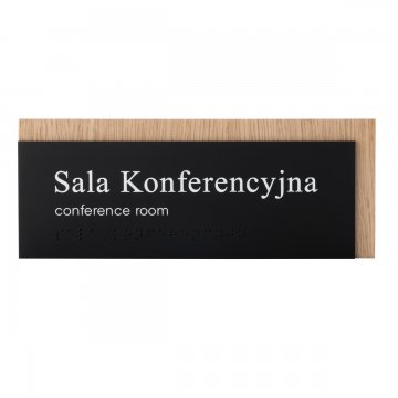 Plaque with any text and Braille script - veneered oak plate and matte black acrylic - dim. 200x80mm - TAB490