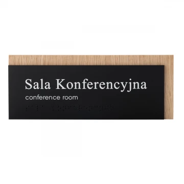 Plaque with any text and Braille script - veneered oak plate and matte black acrylic - dim. 200x80mm - TAB490