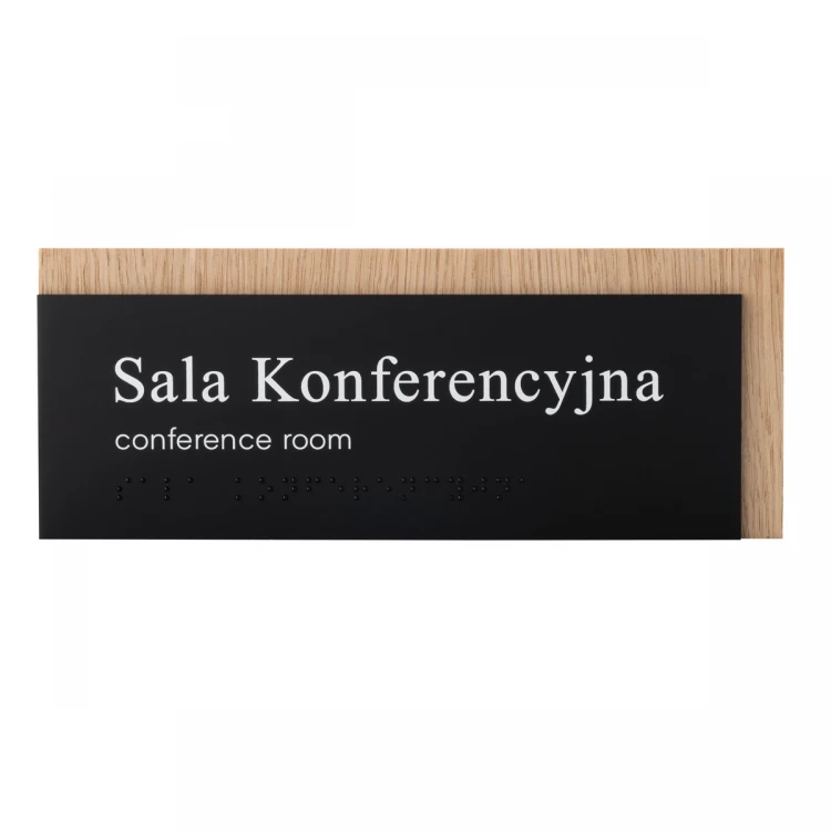 Plaque with any text and Braille script - veneered oak plate and matte black acrylic - dim. 200x80mm - TAB490