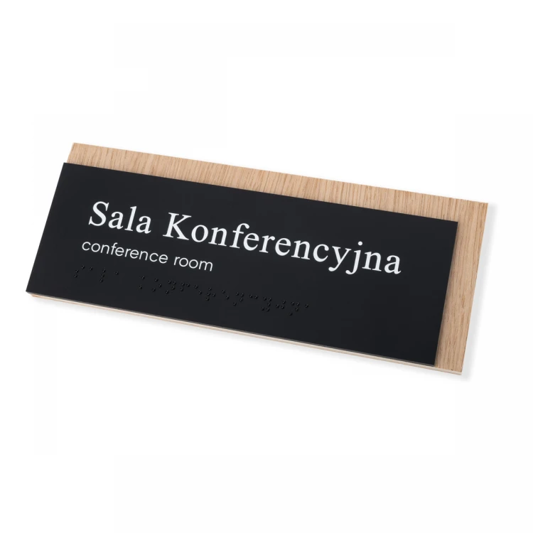 Plaque with any text and Braille script - veneered oak plate and matte black acrylic - dim. 200x80mm - TAB490