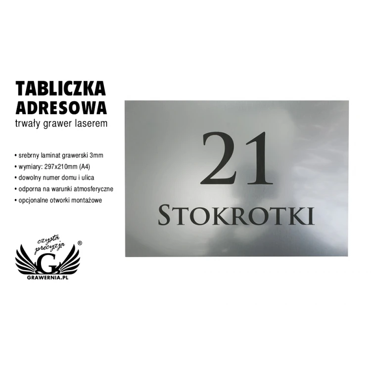 House Number Plaque - size 297x210mm (A4) - silver exterior engraving laminate 3mm - TAB101
