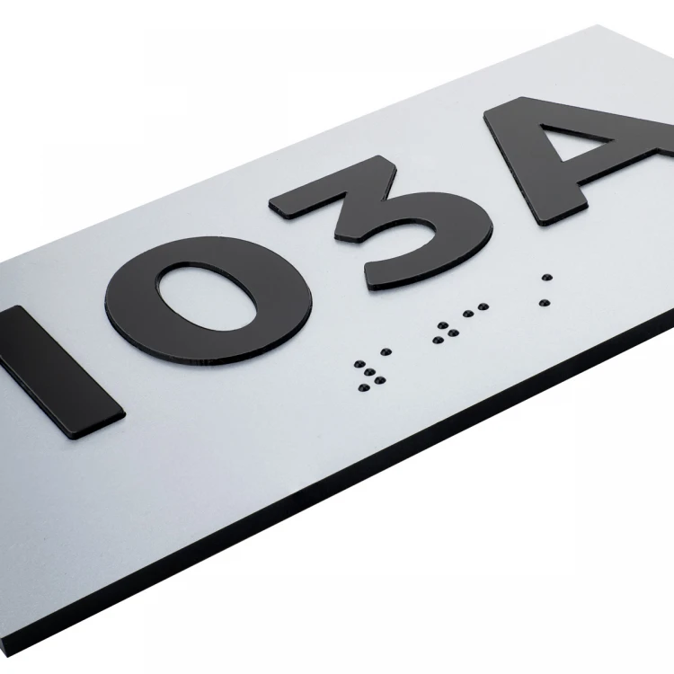 Plaque with raised numbering and Braille lettering - silver laminate - dimensions 150x80mm - TAB508