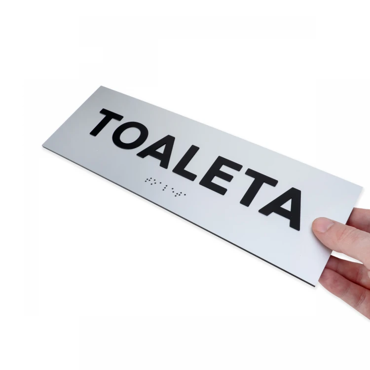 Plaque with raised letters and Braille script - Toilet - silver laminate - dim. 295x100mm - TAB503