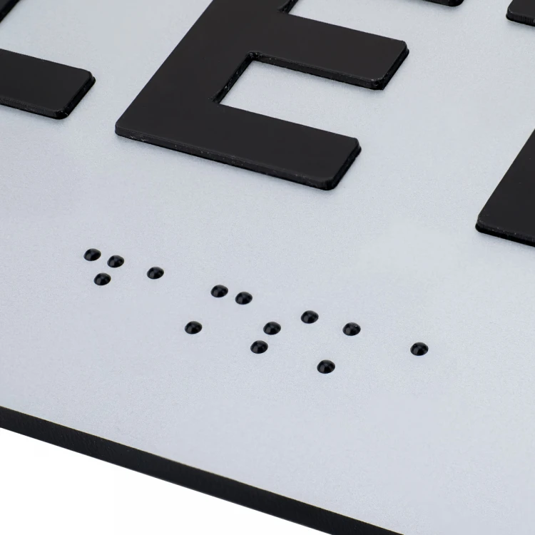 Plaque with raised letters and Braille script - Men's Toilet - silver laminate - dim. 295x100mm - TAB505