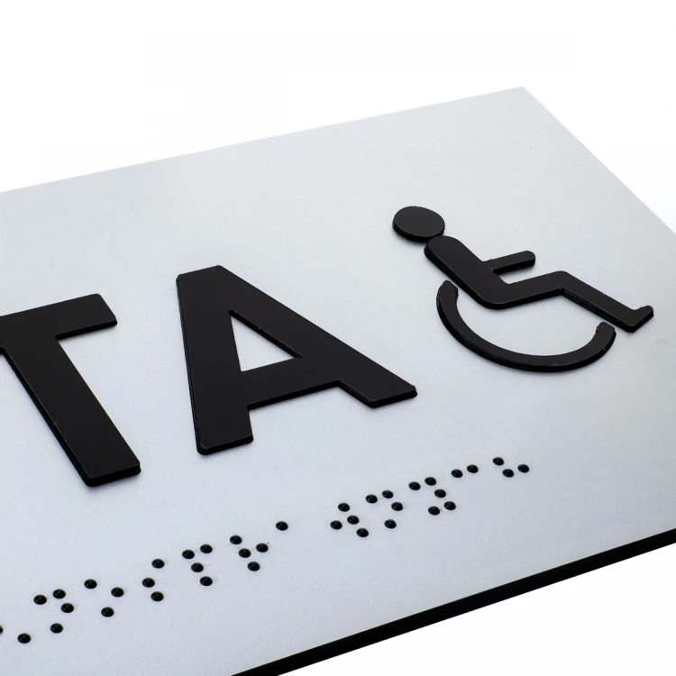 Plaque with raised letters and Braille script - Toilet for disabled - silver laminate - dim. 295x100mm - TAB506