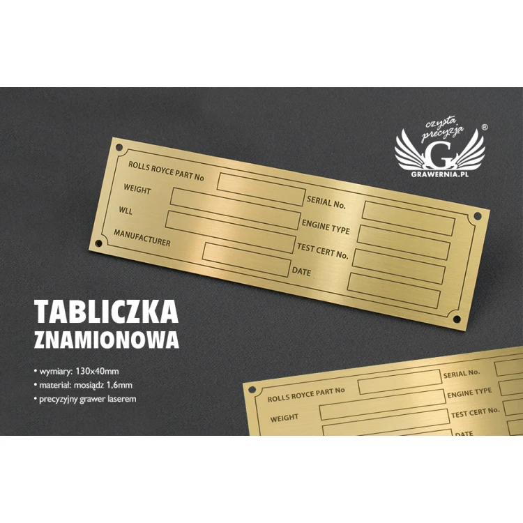 Nameplate for machines and devices - brass - size 130x40mm - TZN030