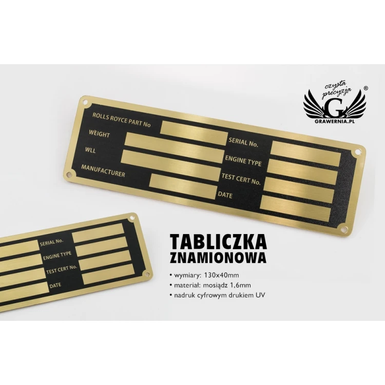 Nameplate for machines and devices - brass with UV print - size 130x40mm - TZN032