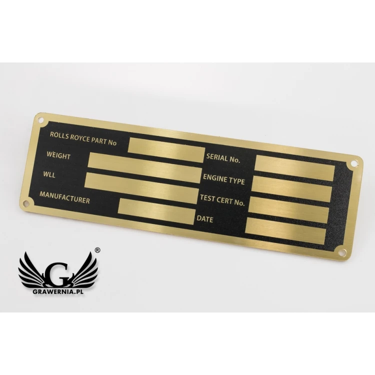Nameplate for machines and devices - brass with UV print - size 130x40mm - TZN032