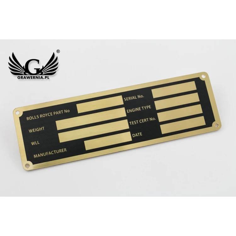 Nameplate for machines and devices - brass with UV print - size 130x40mm - TZN032