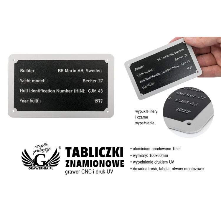 Nameplate made of silver aluminum - CNC engraving and UV printing - dimensions: 100x60mm - TZN042