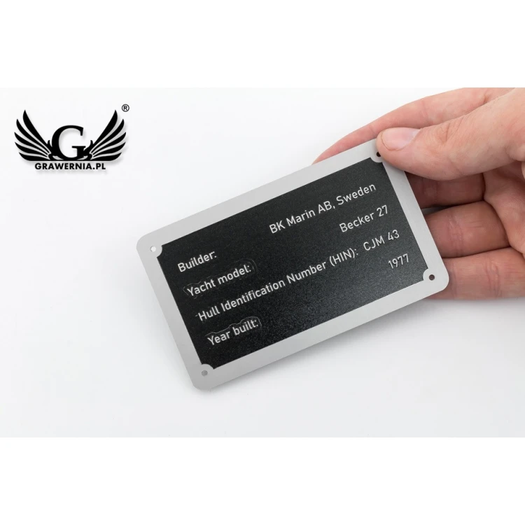Nameplate made of silver aluminum - CNC engraving and UV printing - dimensions: 100x60mm - TZN042