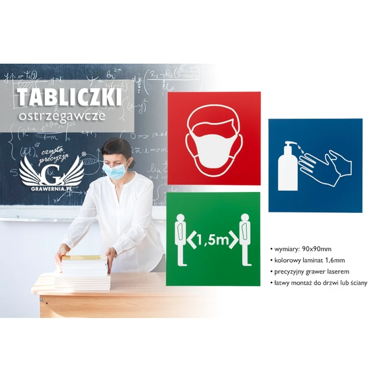 Information plaque made of laminate - choice of: mask, distance, disinfection - size 90x90mm - TAB108