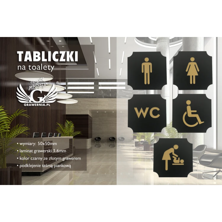 Toilet Signs - Black Exterior Laminate with Gold Engraving - Size 50x50mm - TT011