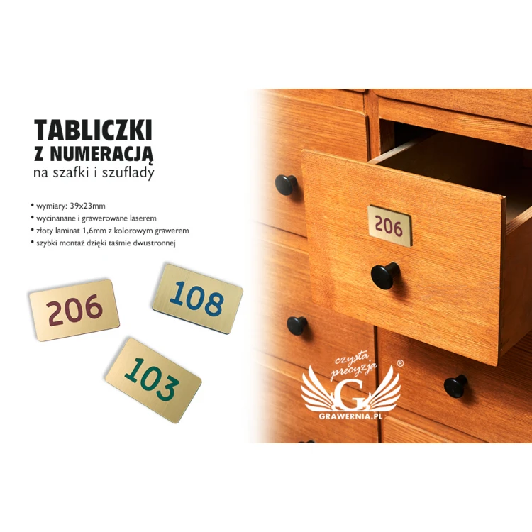 Numbered Plaques for Cabinets and Drawers - Gold with Colorful Engraving - ND026 - Size 39x23mm